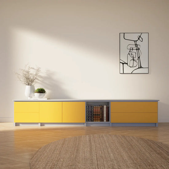 TV kast met laden en deuren | Lundia Original | Betongrijs & saffraangeel hout