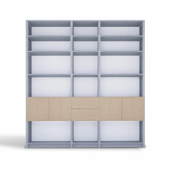Boekenwandkast met deuren en laden | Lundia Original | Nevelgrijs, wit, blank gelakt hout