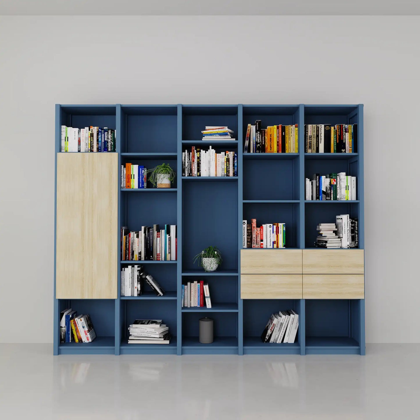 Boeken wandkast met deuren en laden | Lundia Original | Haagsblauw & blank gelakt hout