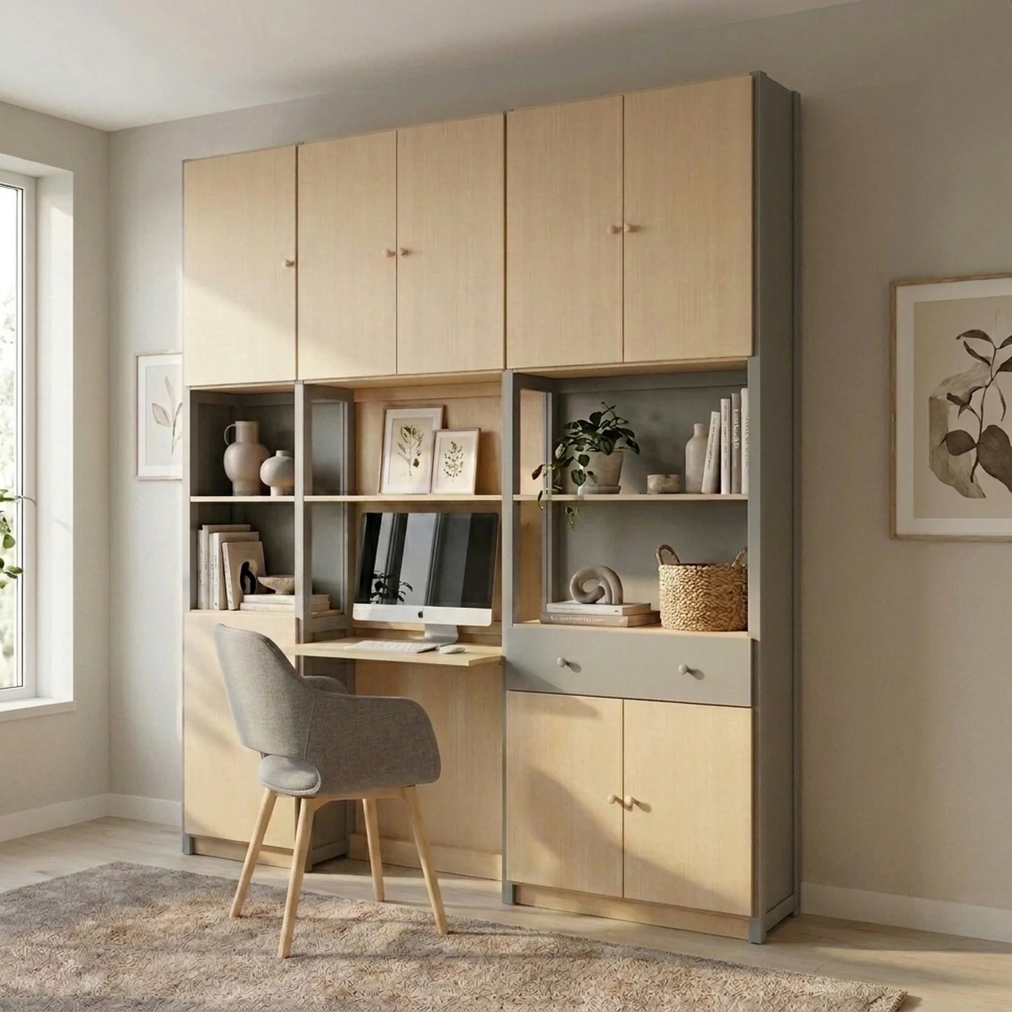Large complete office cabinet | Lundia Original | Concrete grey & Clear lacquered wood, sfeerbeeld vooraanzicht