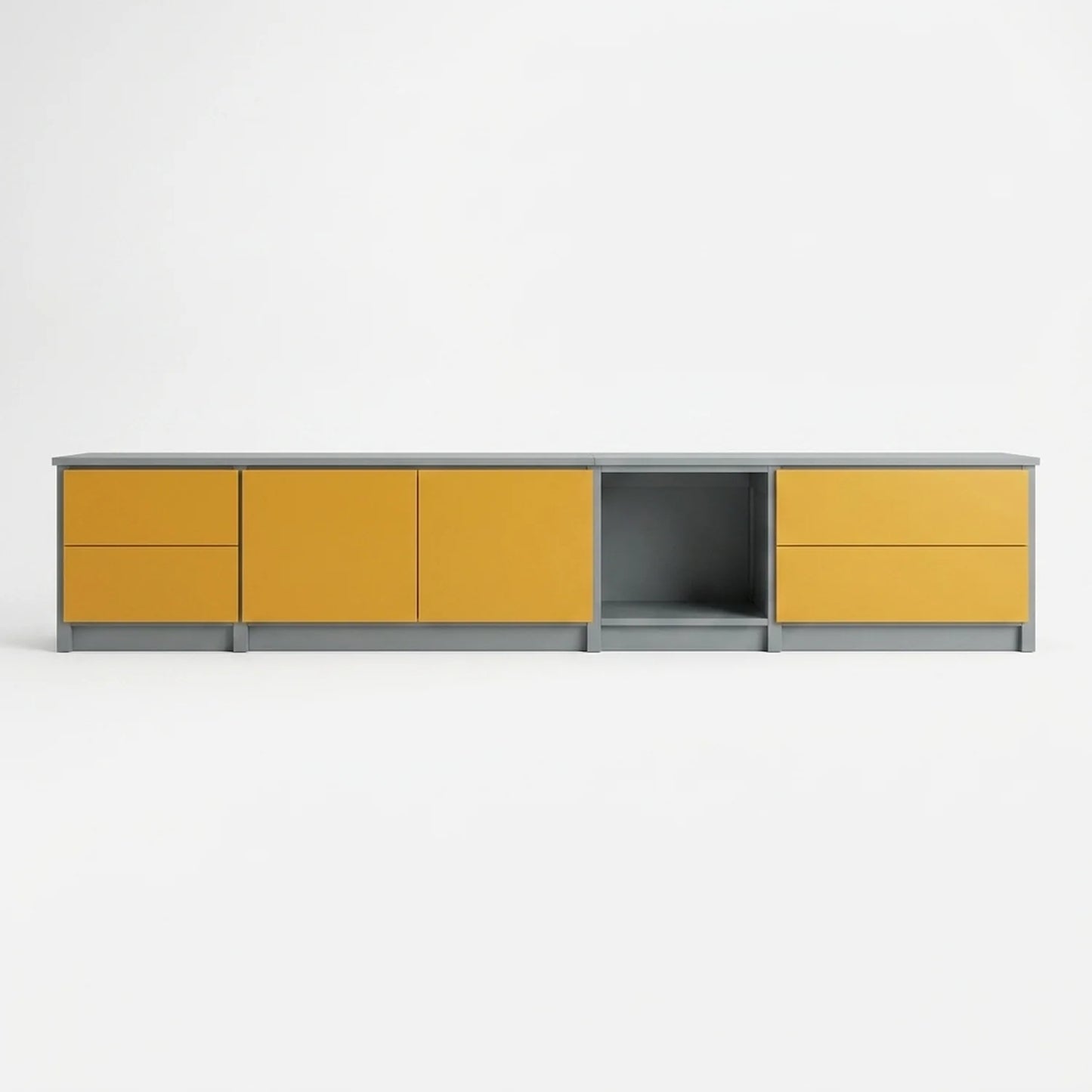 TV cabinet with drawers and doors | Lundia Original | Concrete grey & saffron yellow wood, vooraanzicht