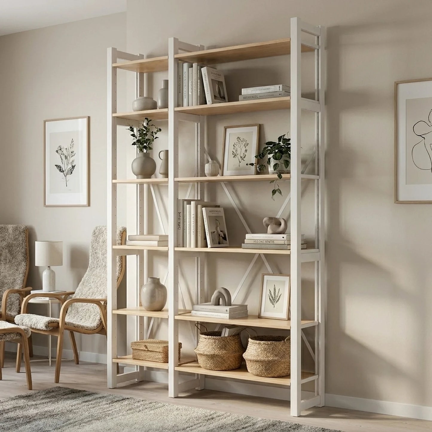 Scandinavian bookcase | Lundia Original | Clear lacquered & white wood, sfeerbeeld perspectief