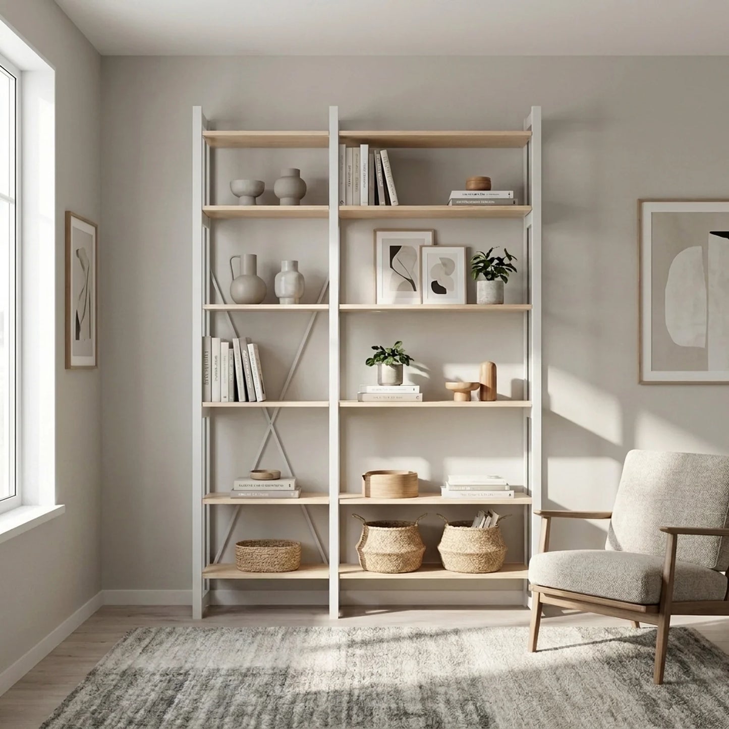 Scandinavian bookcase | Lundia Original | Clear lacquered & white wood, sfeerbeeld vooraanzicht