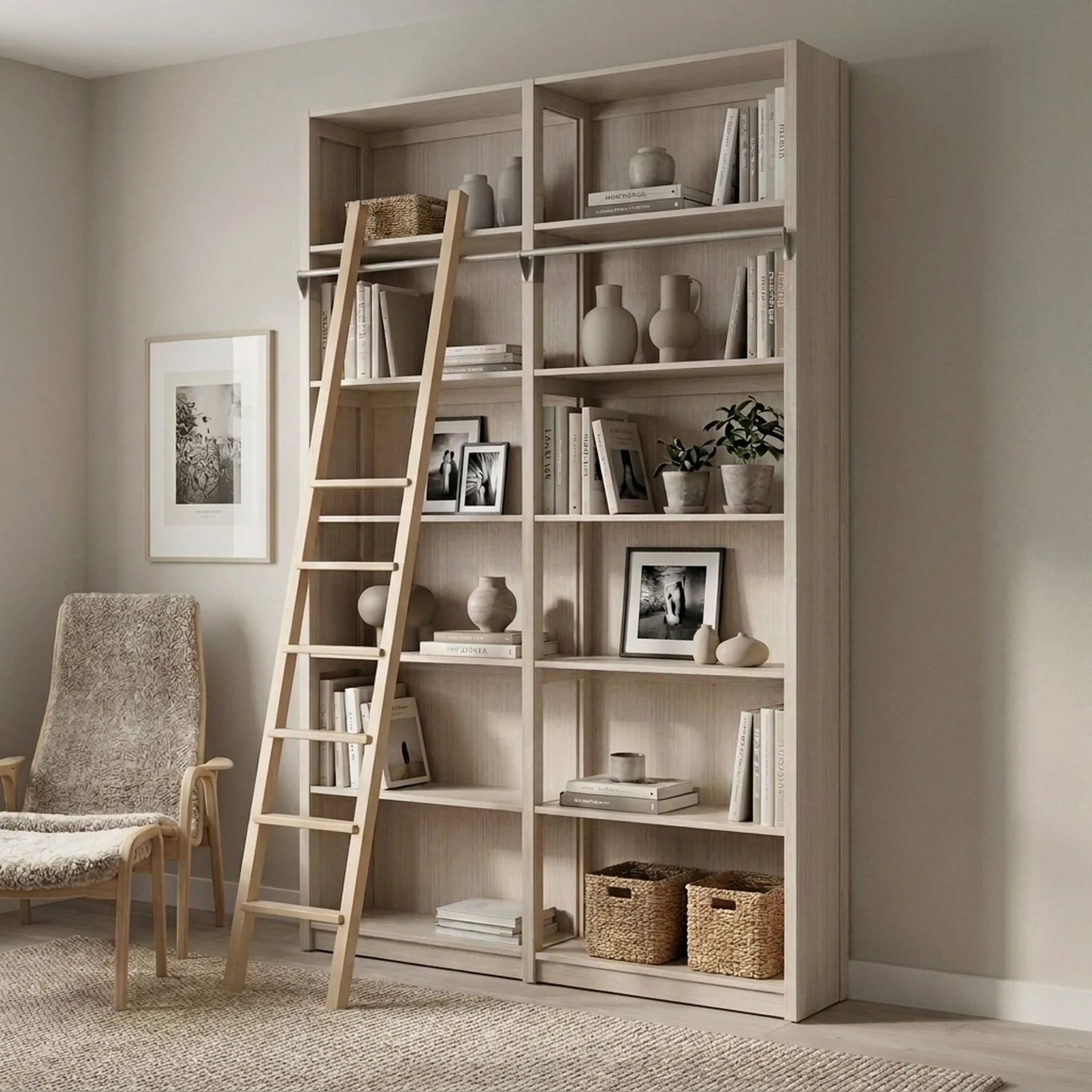 Bibliothèque en bois avec échelle | Lundia Original | Bois latte, sfeerbeeld perspectief