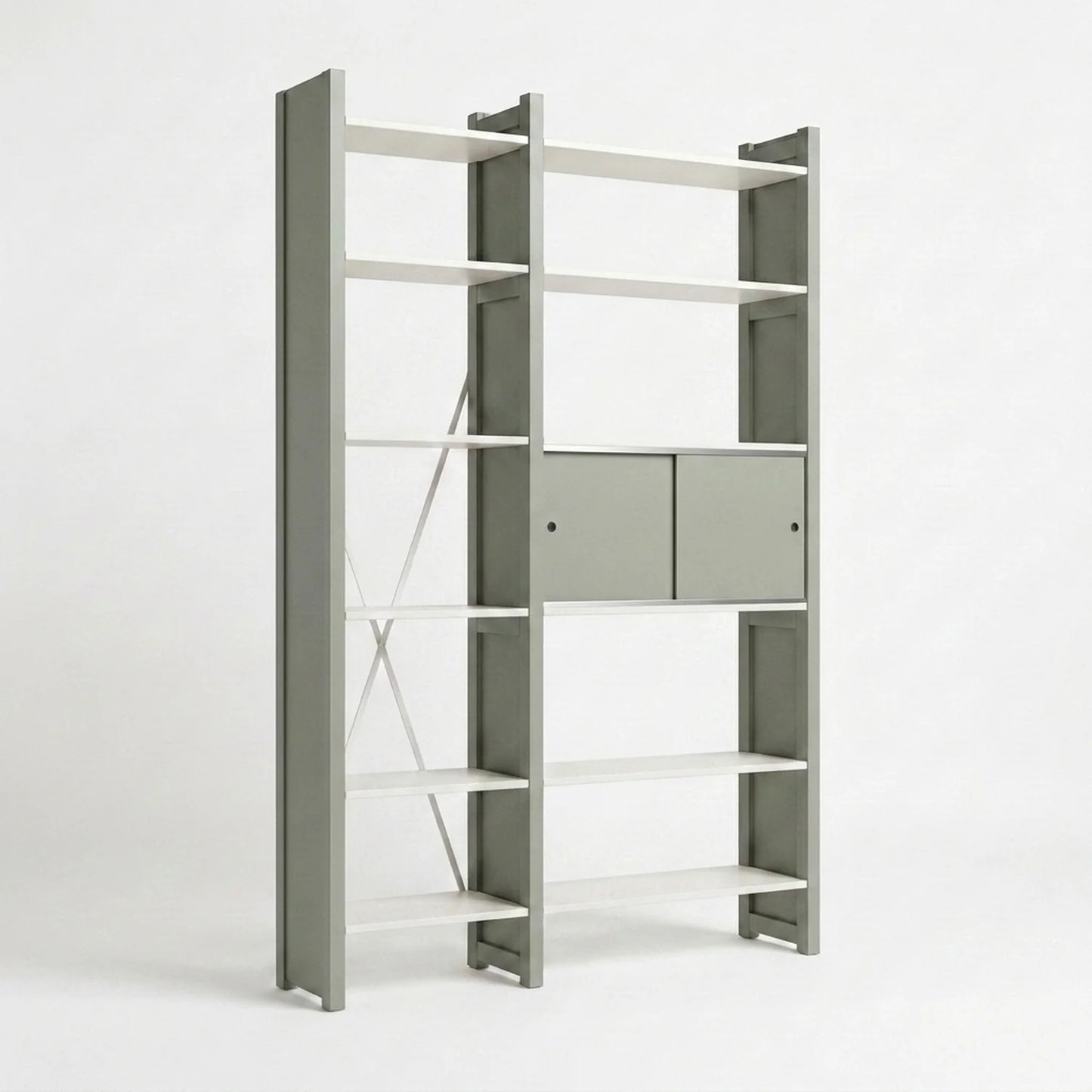 Bookcase with sliding doors | Lundia Original | Misty grey & white wood, perspectief