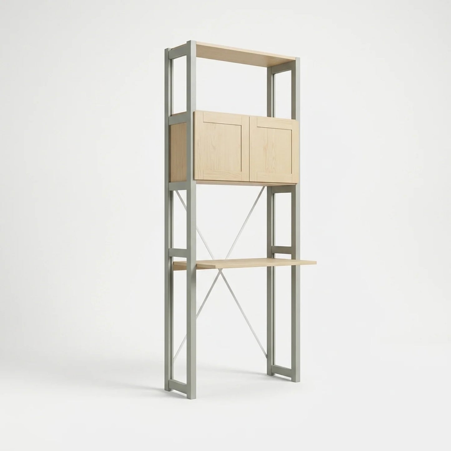 Compact desk cabinet with doors | Lundia Original | Mist Grey & Clear lacquered wood, perspectief