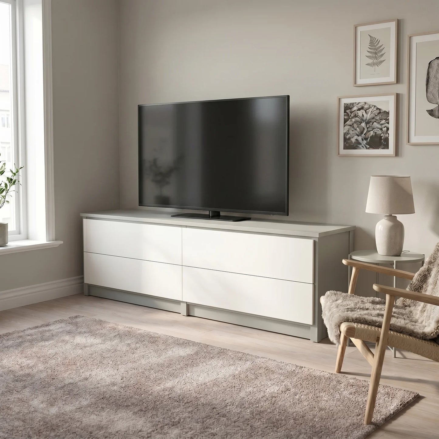 TV cabinet with drawers | Lundia Original | Mist grey & white wood, sfeerbeeld perspectief