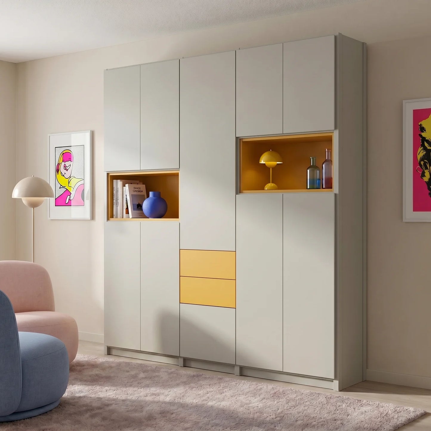 Large wall cabinet with doors and insert boxes | Lundia Original | Mist grey & saffron yellow, sfeerbeeld perspectief