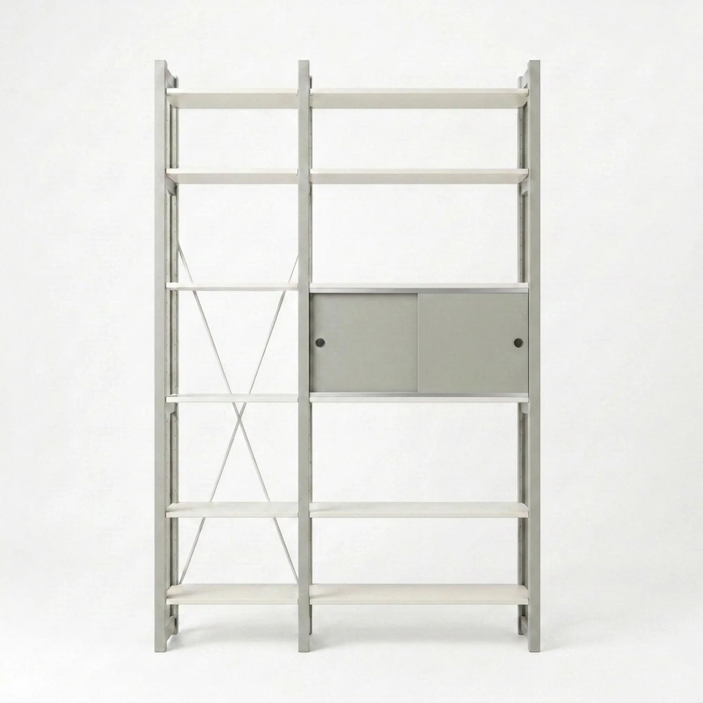 Bookcase with sliding doors | Lundia Original | Misty grey & white wood, vooraanzicht