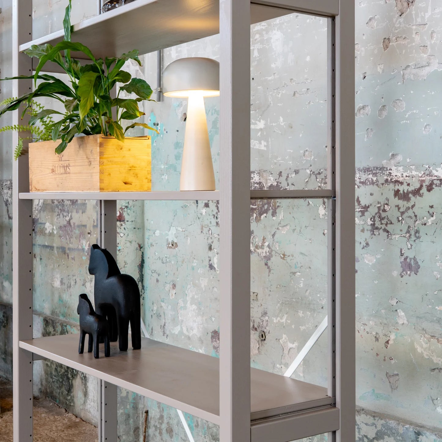 Bookcase | Lundia Original | Stone grey solid wood with plants, lamp and decoration