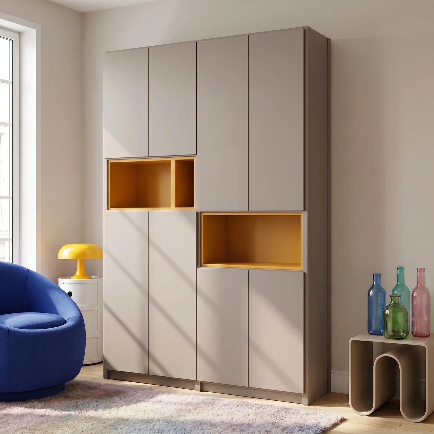 Wall cabinet with display compartments | Lundia Original | Stone grey & saffron yellow wood, sfeerbeeld perspectief