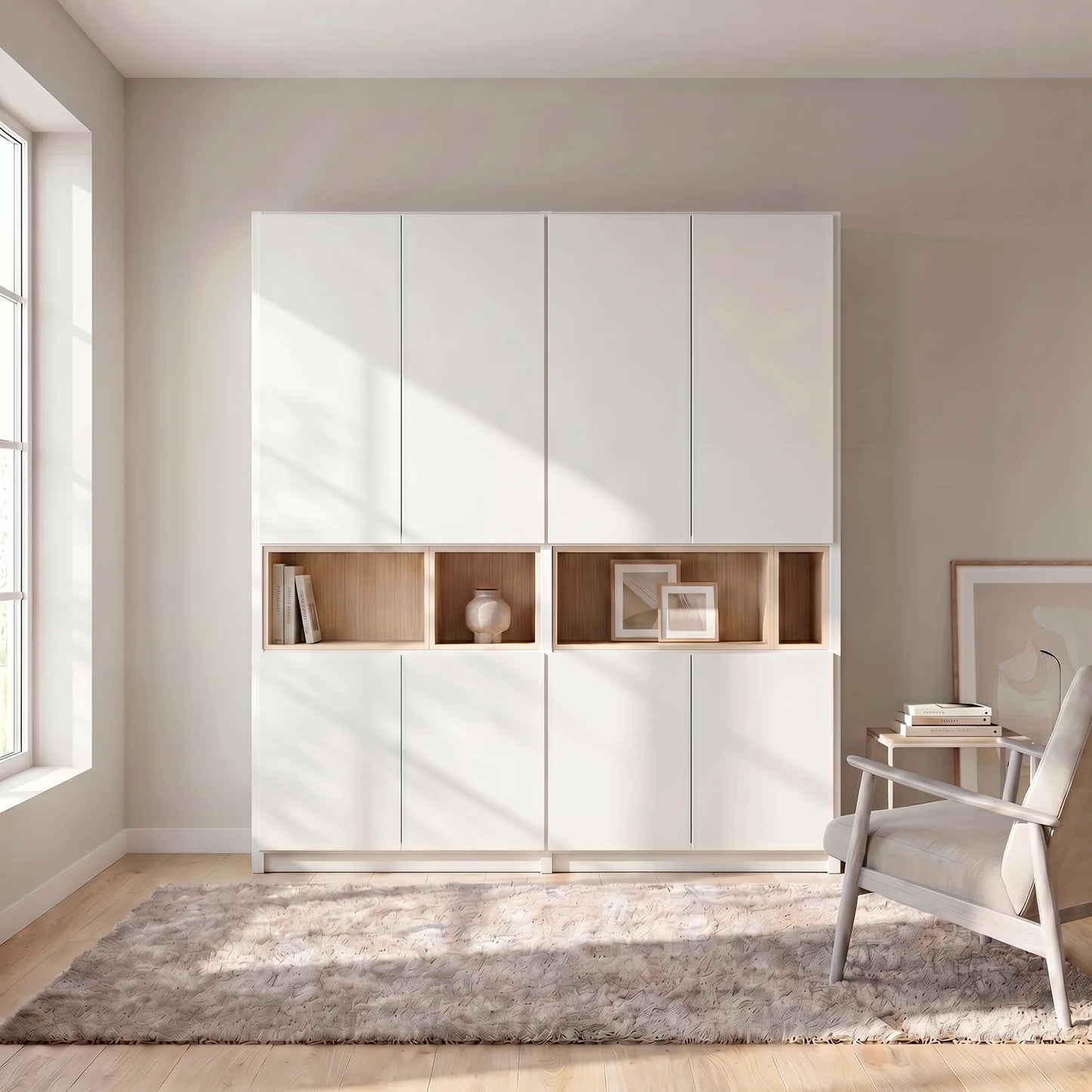Grote wandkast met display vakken | Lundia Original | Wit & Blank gelakt hout, sfeerbeeld vooraanzicht