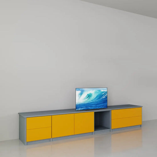 TV kast met laden en deuren | Lundia Original | Betongrijs & saffraangeel hout