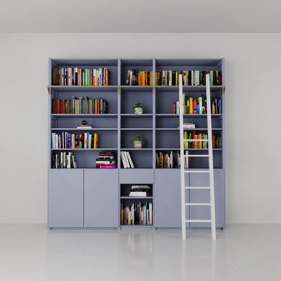 Boekenkast met trap, deuren & laden | Lundia Original | Betongrijs hout