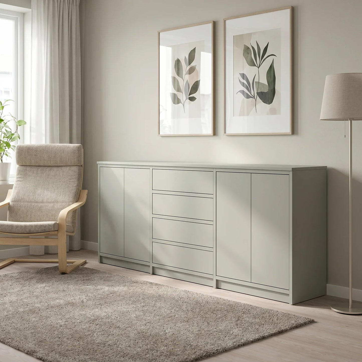Scandinavische Lundia Libre dressoir in nevelgrijs, sfeerbeeld vooraanzicht
