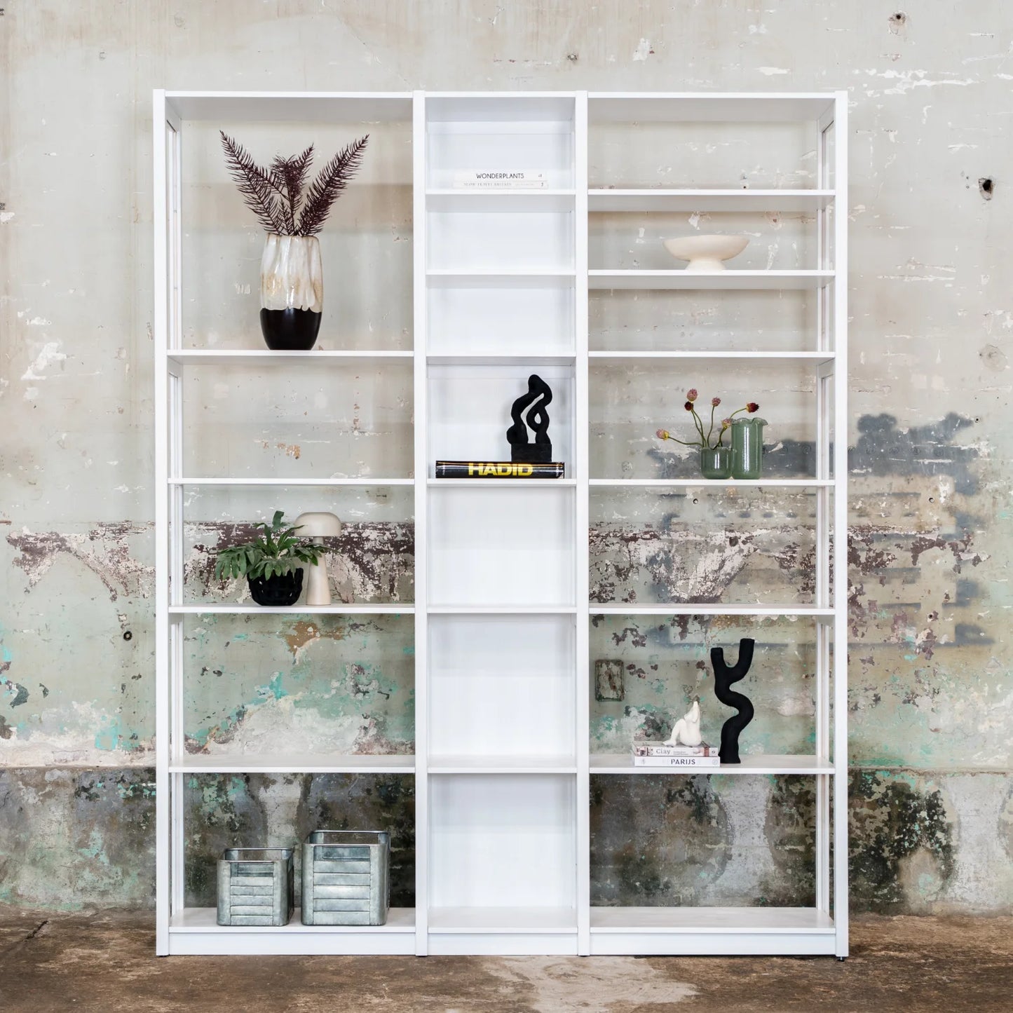 Wall cabinet | Lundia Original | Signal white solid wood with vases and plant decoration