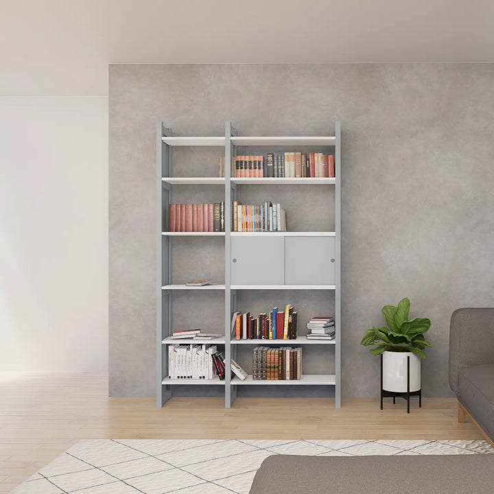 Boekenkast met schuifdeurtjes | Middelgroot | Nevelgrijs & wit hout