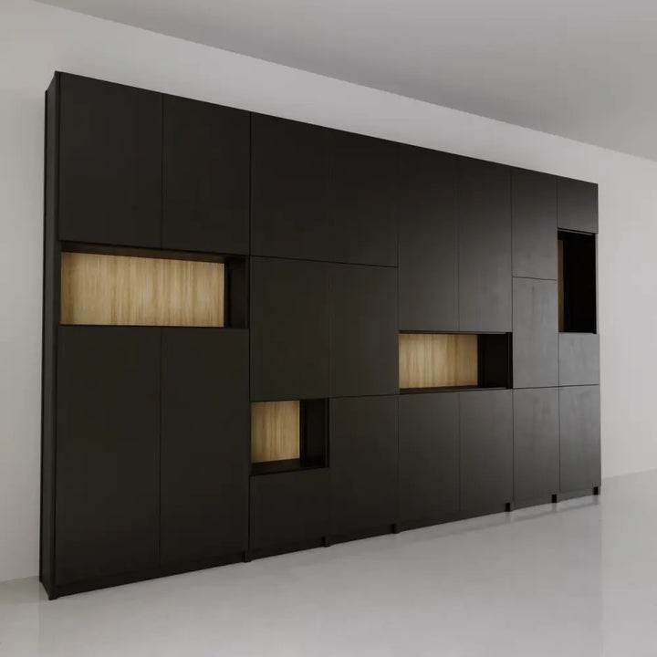 Large wall cabinet with doors and open compartments | Large | Black & Regular wood