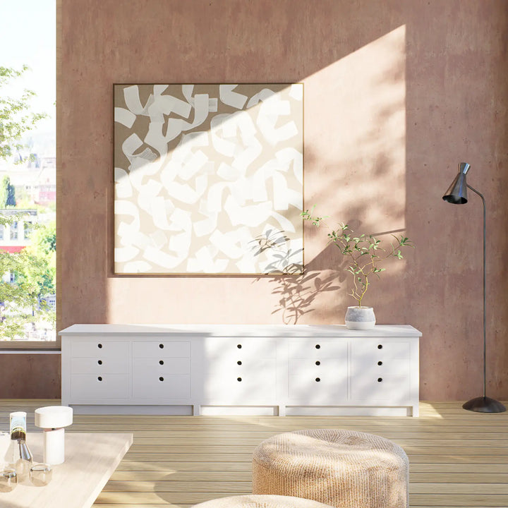 Low & wide chest of drawers | Large | White & mist grey wood