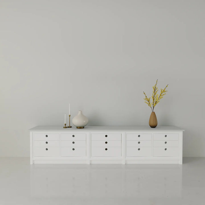 Low & wide chest of drawers | Large | White & mist grey wood