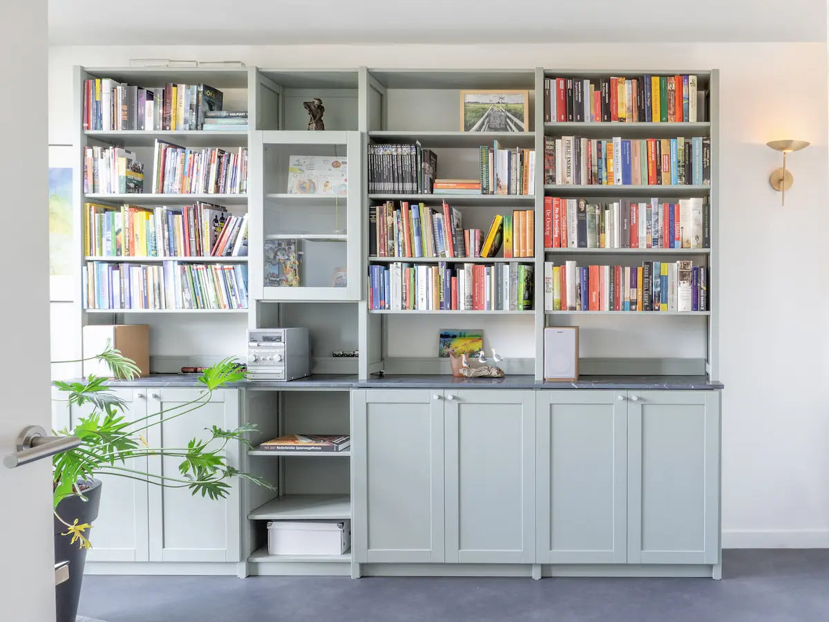 Lichtgrijze wandkast met gesloten en open vakken gevuld met boeken en een grote groene kamerplant ervoor