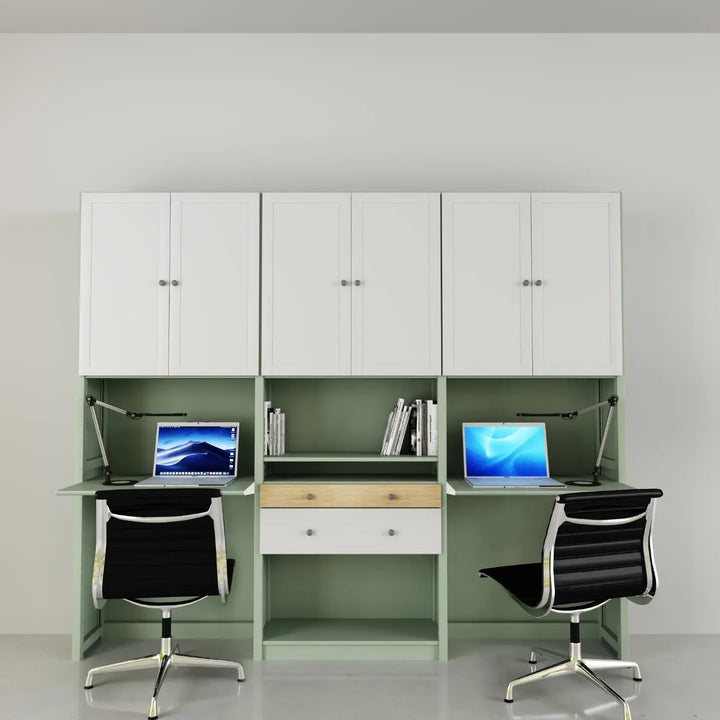 Double workspace desk cabinet | Large | Mist grey, white & Regular wood