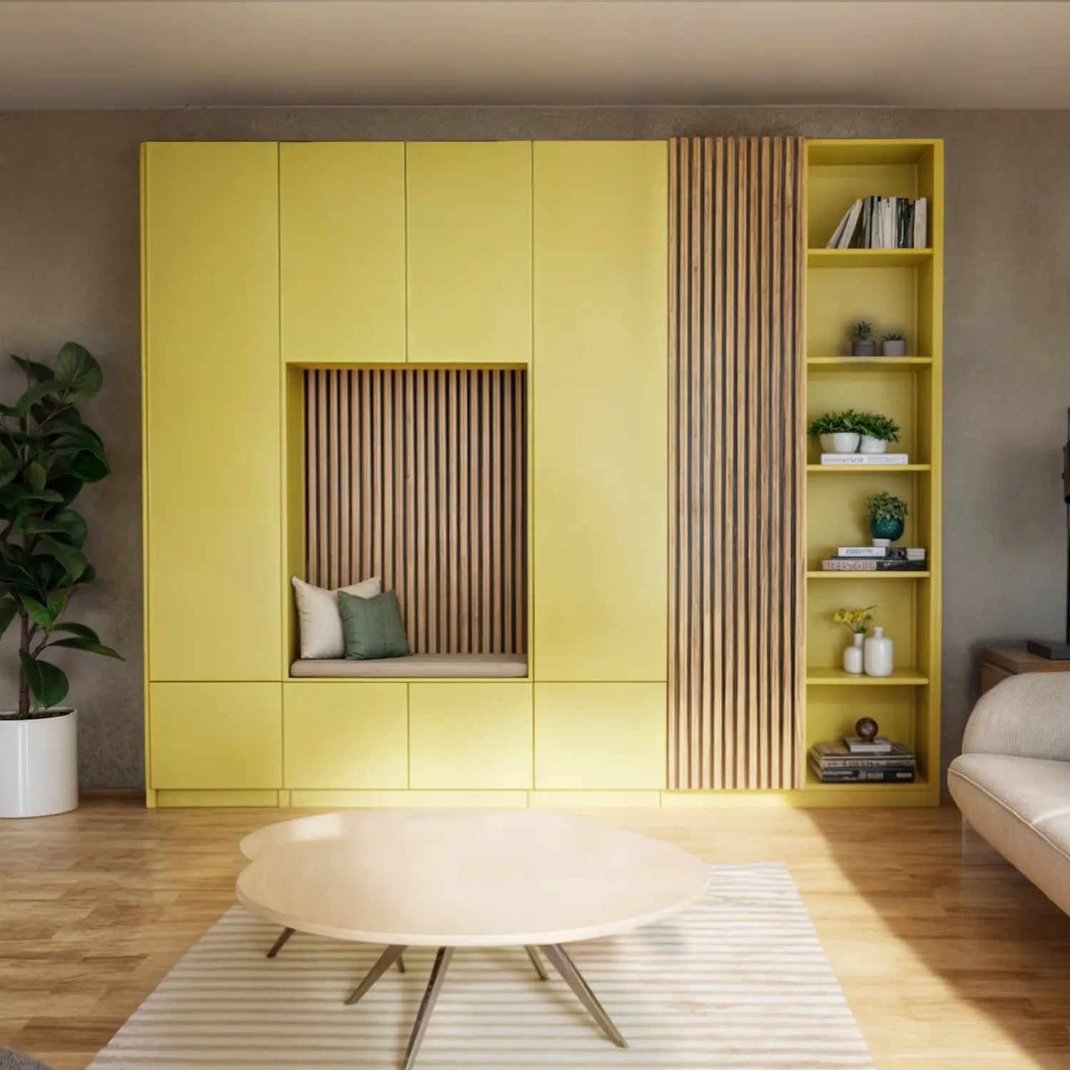 Wandkast met zithoek | Lundia Original | Mustard green massief hout, lattenwand en open boekenkast