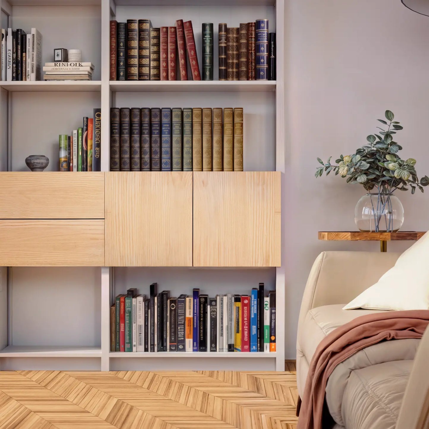Bookcase with doors and drawers | Large | Mist gray, white and Regular wood 