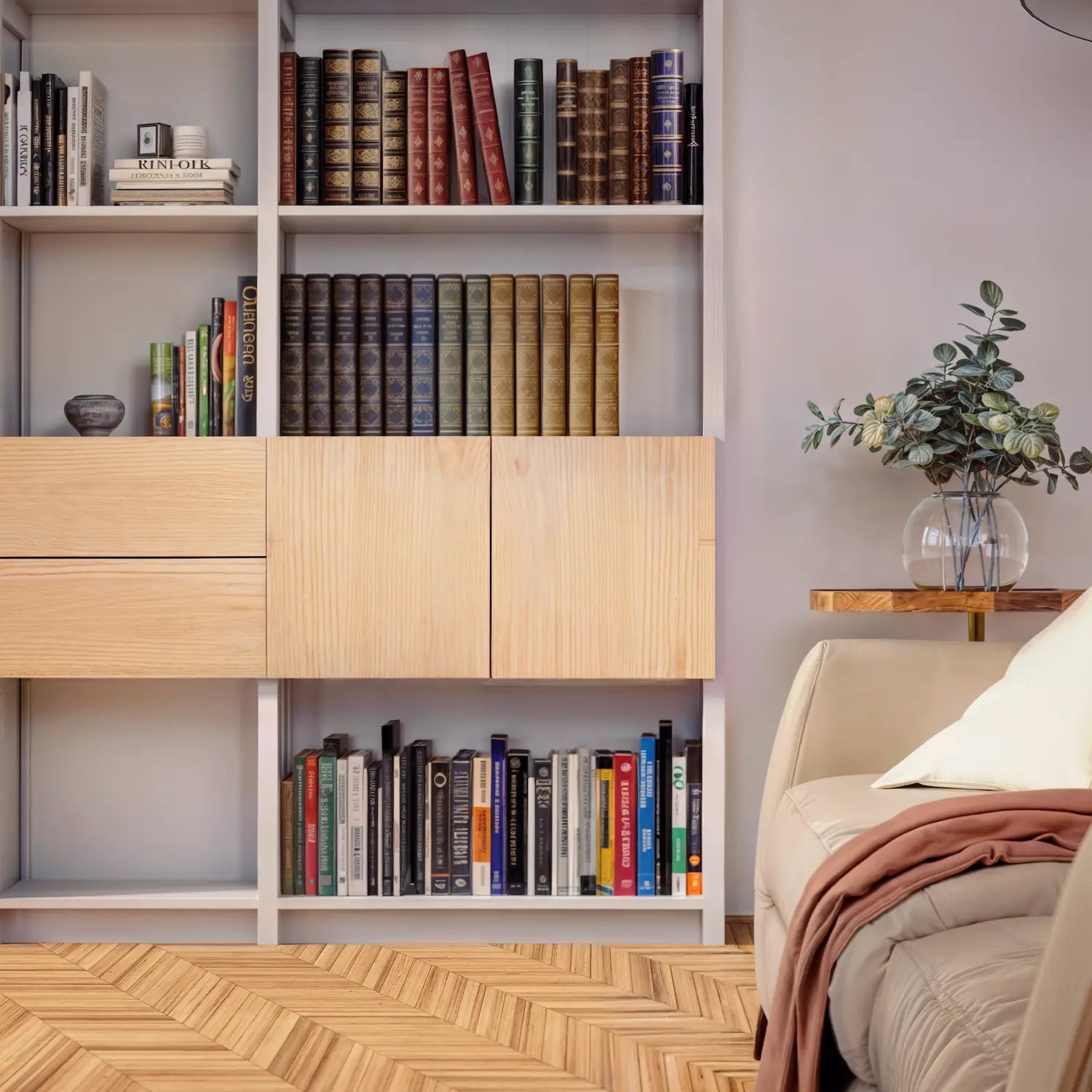 Bookcase with doors and drawers | Large | Mist gray, white and Regular wood 