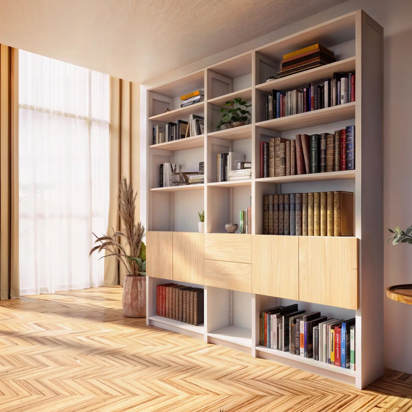 Bookcase with doors and drawers | Large | Mist gray, white and Regular wood 