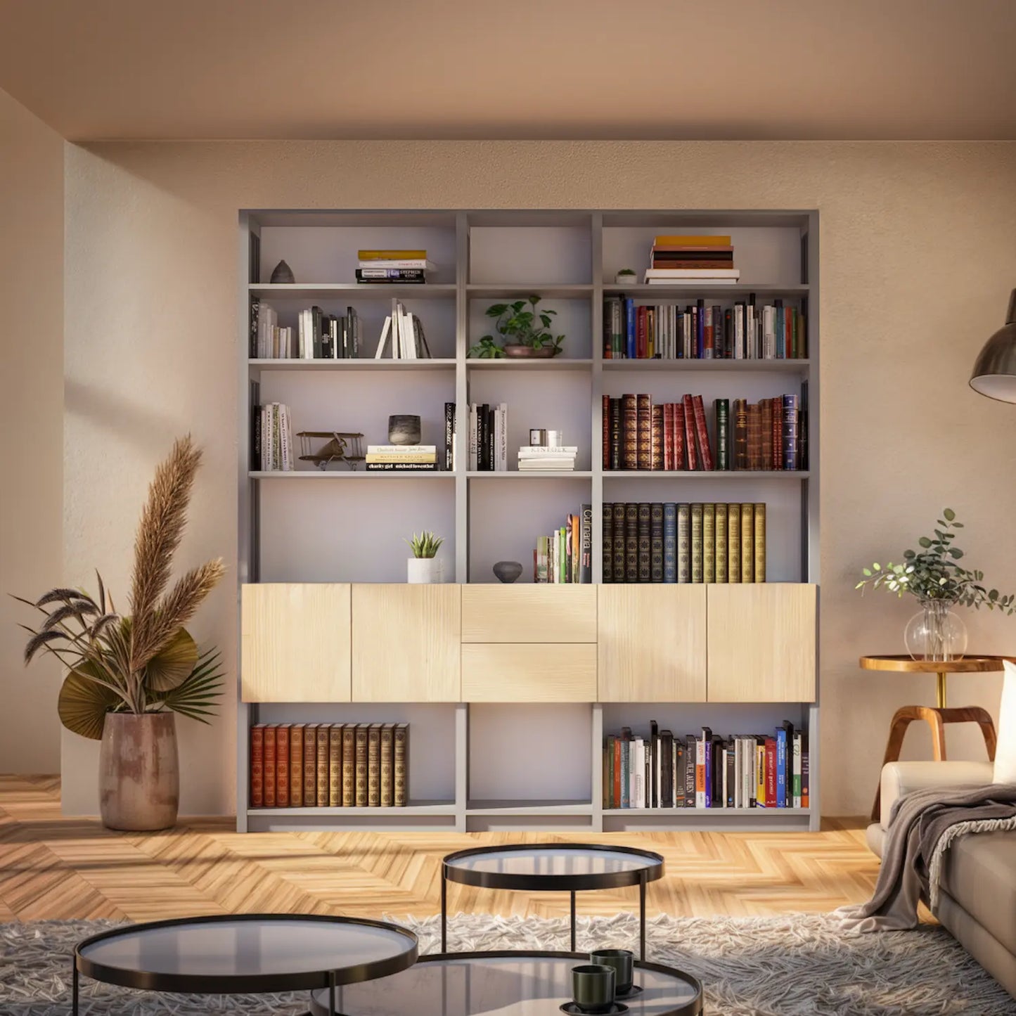 Bookcase with doors and drawers | Large | Mist gray, white and Regular wood 