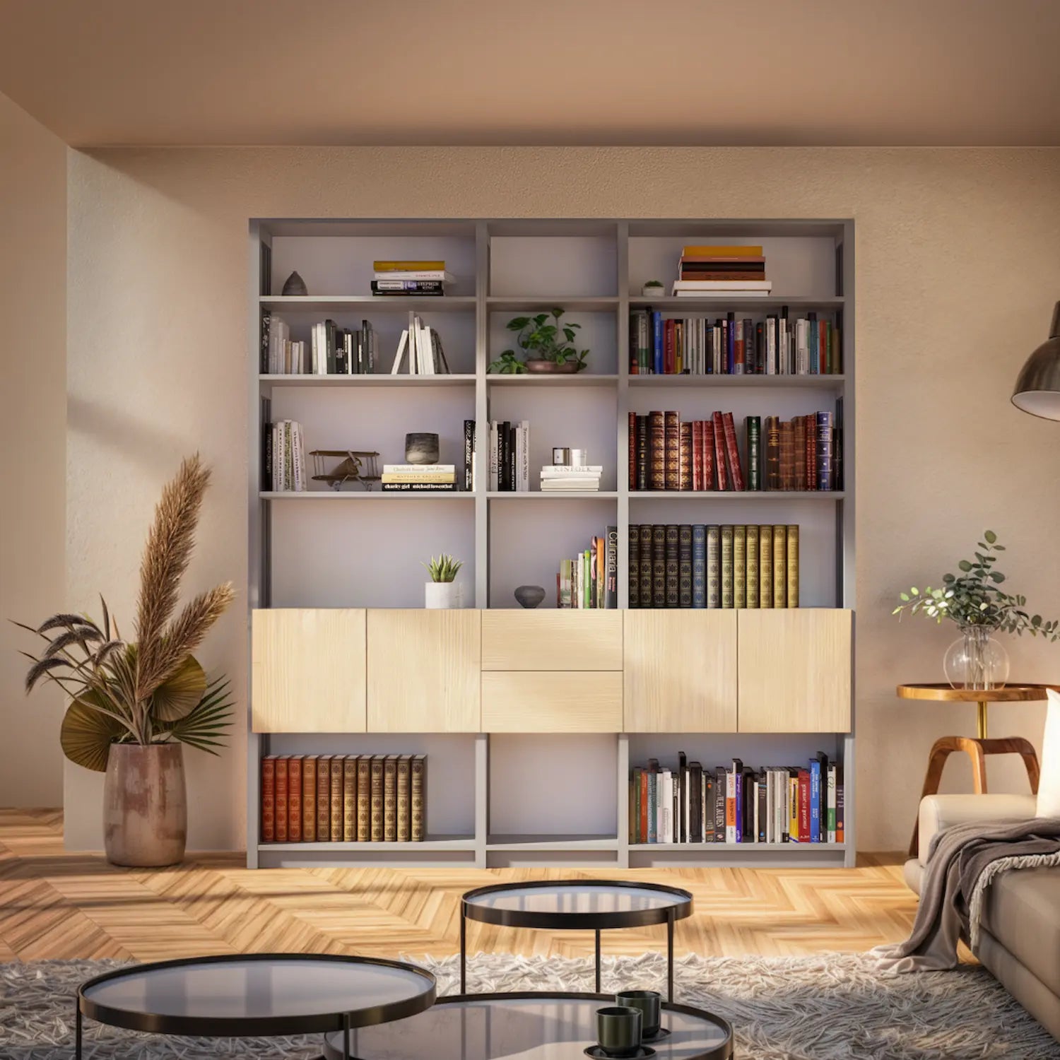 Bookcase with doors and drawers | Large | Mist gray, white and Regular wood 