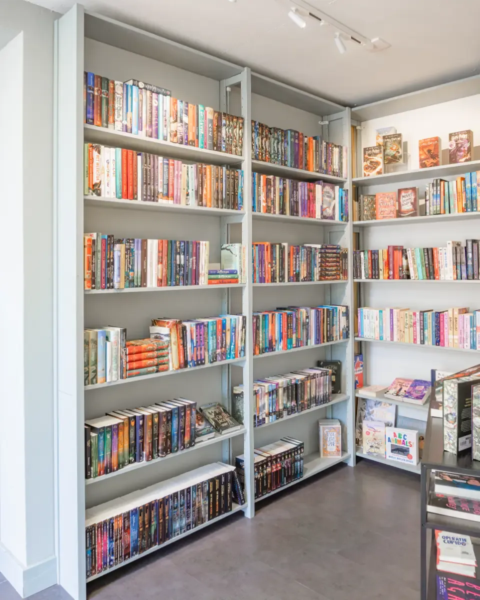 Lichtgrijze boekenkasten met diverse kleurrijke boeken in lichte ruimte met grijze vloer en strak plafondlicht