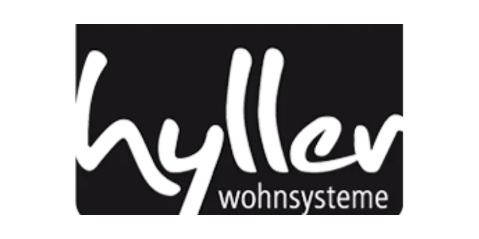 Zwart logo met handgeschreven lettertype en tekst wohnsysteme op effen donkere achtergrond