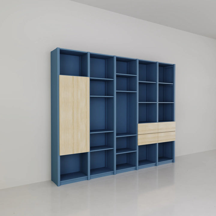 Boeken wandkast met deuren en laden | Groot | Haagsblauw & blank gelakt hout