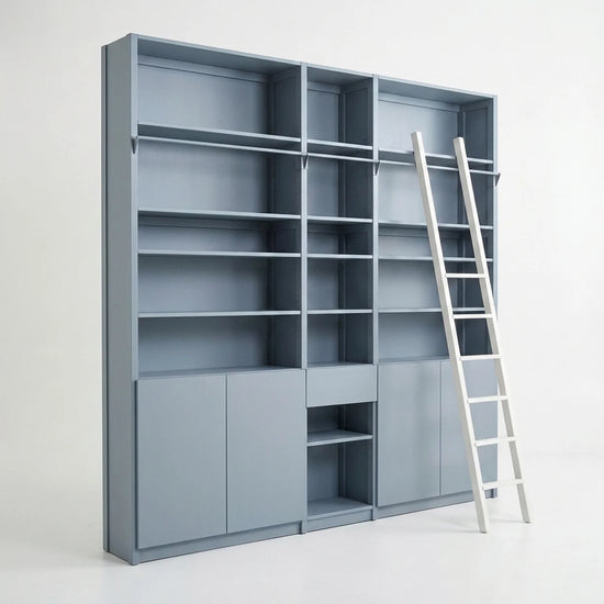 Bookcase with stairs, doors & drawers | Lundia Original | Concrete grey wood, perspectief