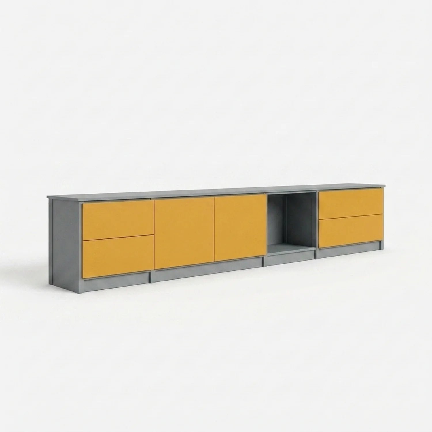 TV cabinet with drawers and doors | Lundia Original | Concrete grey & saffron yellow wood, perspectief