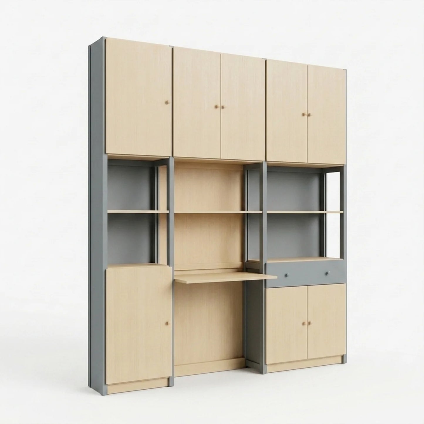 Large complete office cabinet | Lundia Original | Concrete grey & Clear lacquered wood, perspectief