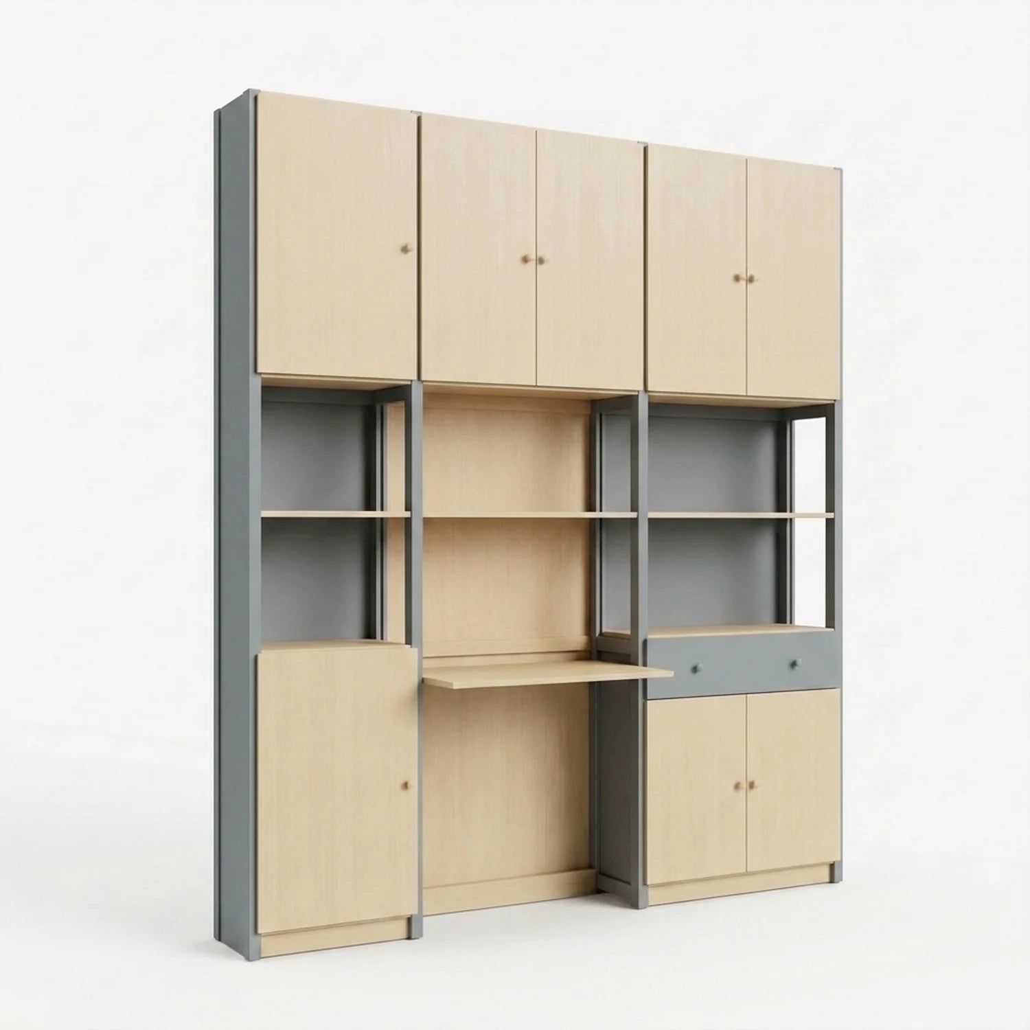 Large complete office cabinet | Lundia Original | Concrete grey & Clear lacquered wood, perspectief