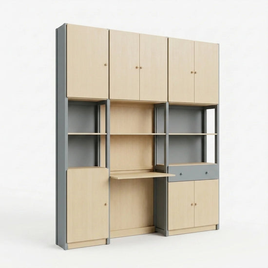 Large complete office cabinet | Lundia Original | Concrete grey & Clear lacquered wood, perspectief
