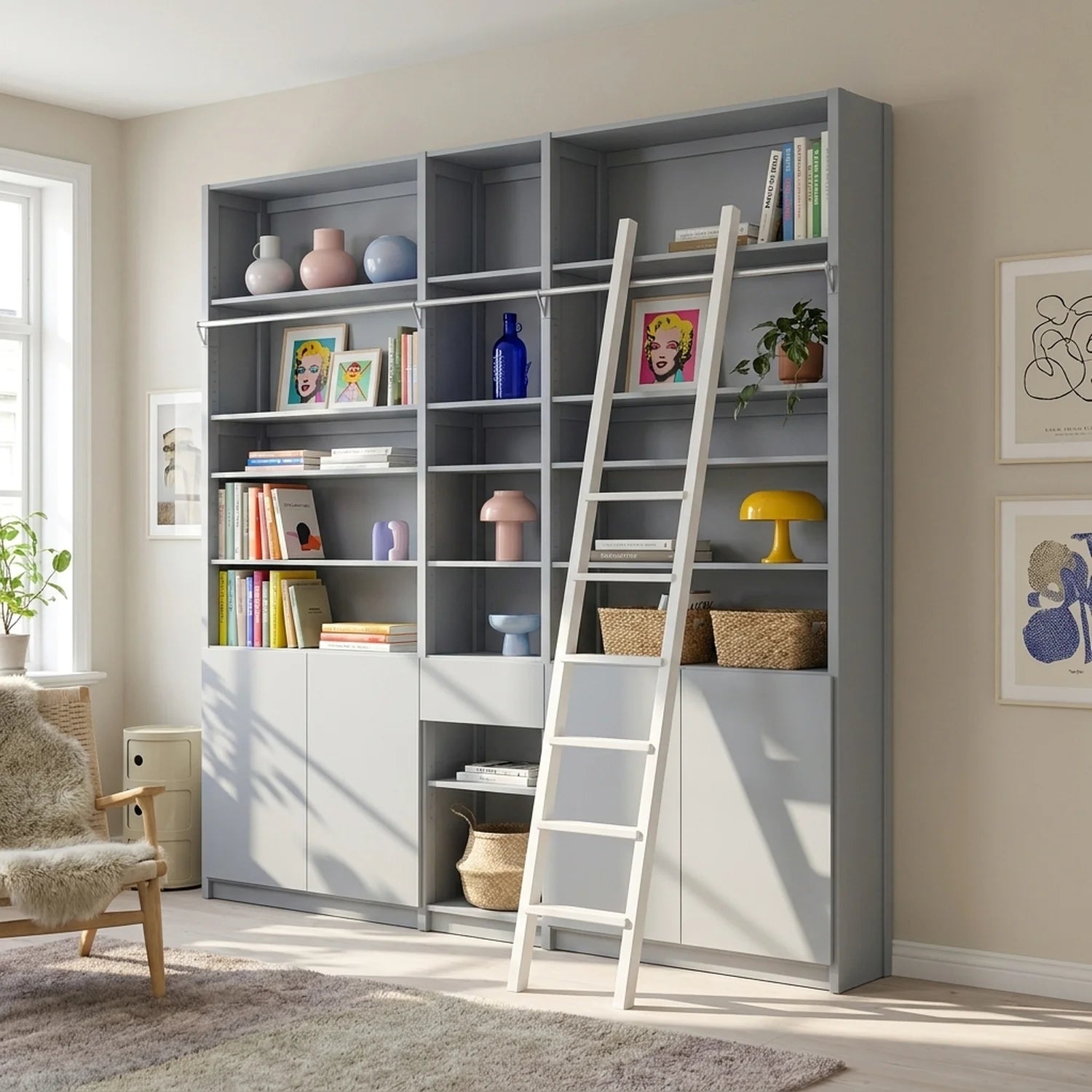 Bookcase with stairs, doors & drawers | Lundia Original | Concrete grey wood, sfeerbeeld perspectief