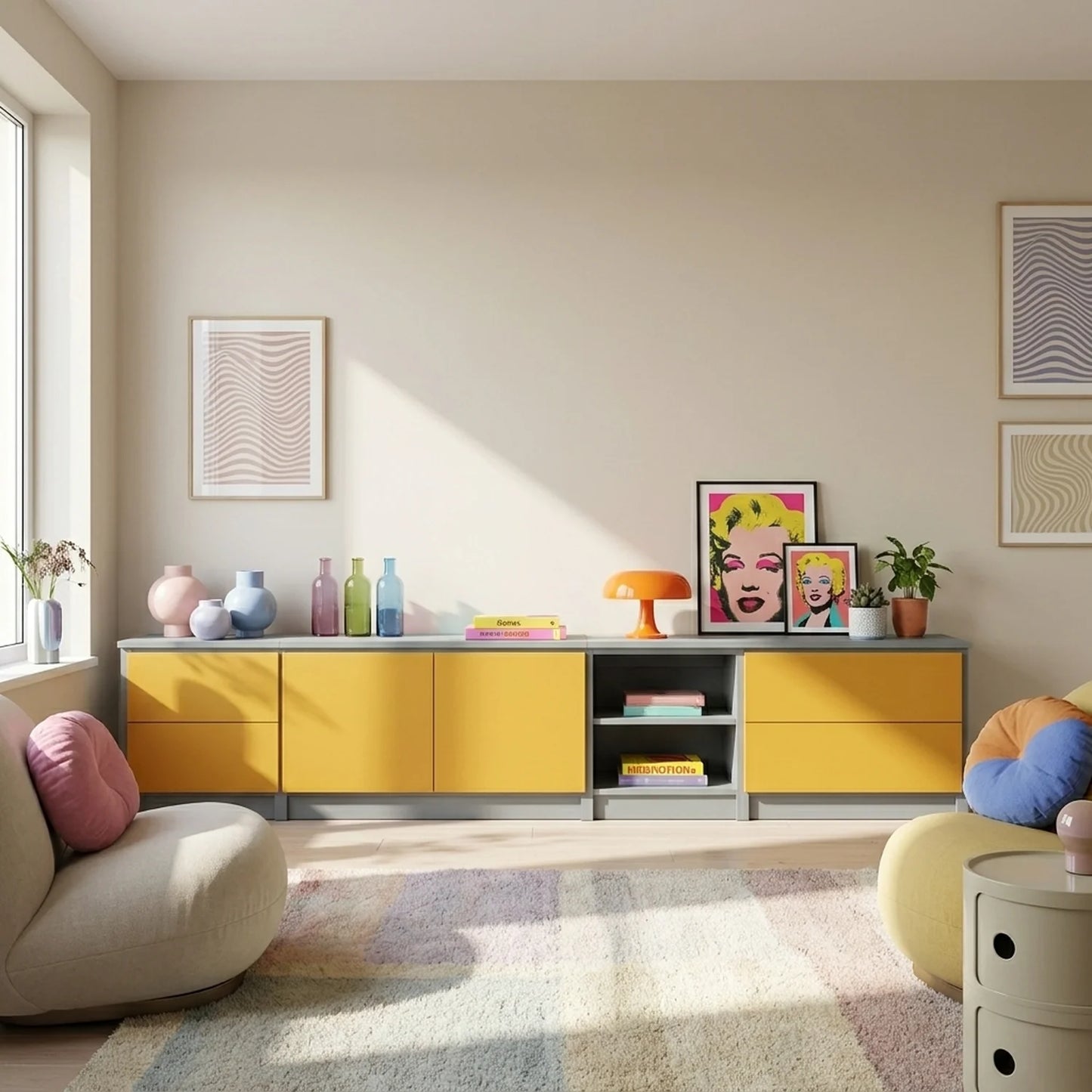TV cabinet with drawers and doors | Lundia Original | Concrete grey & saffron yellow wood, sfeerbeeld perspectief