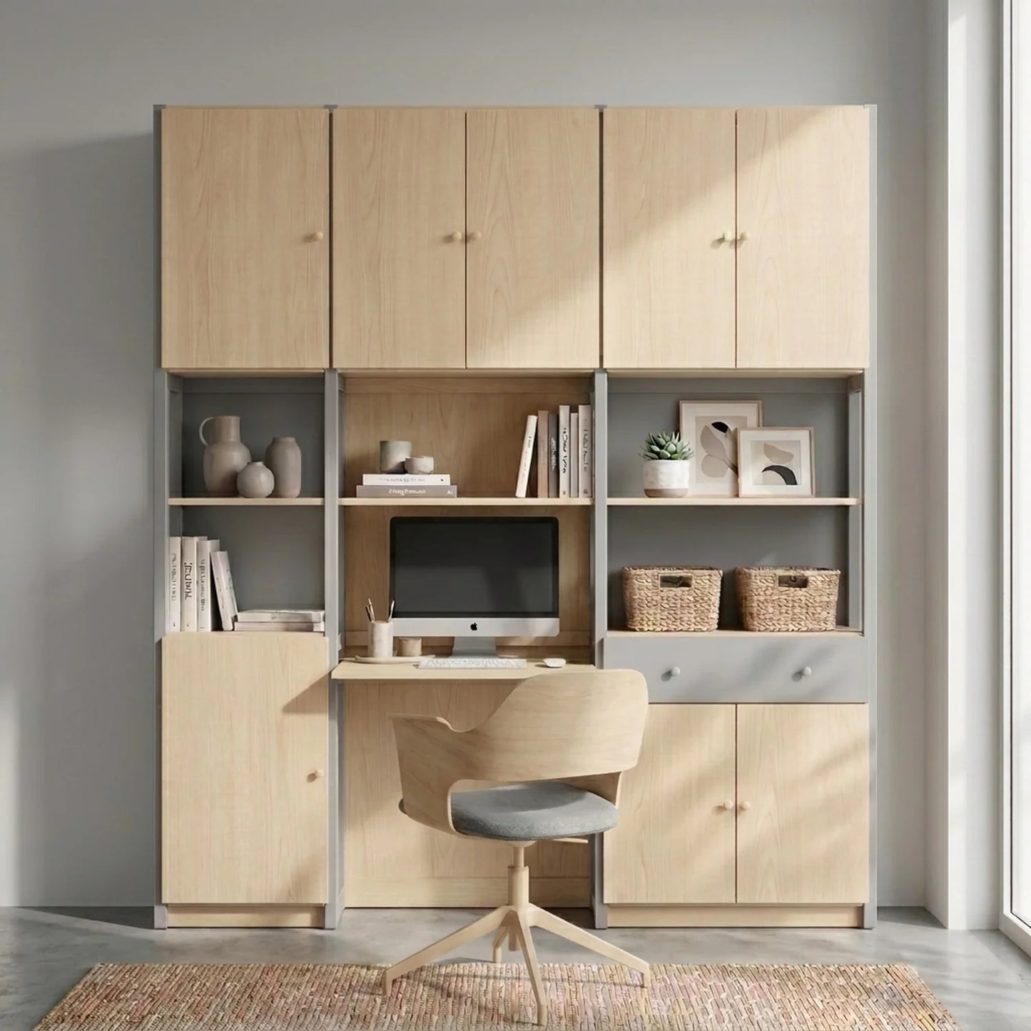 Large complete office cabinet | Lundia Original | Concrete grey & Clear lacquered wood, sfeerbeeld perspectief