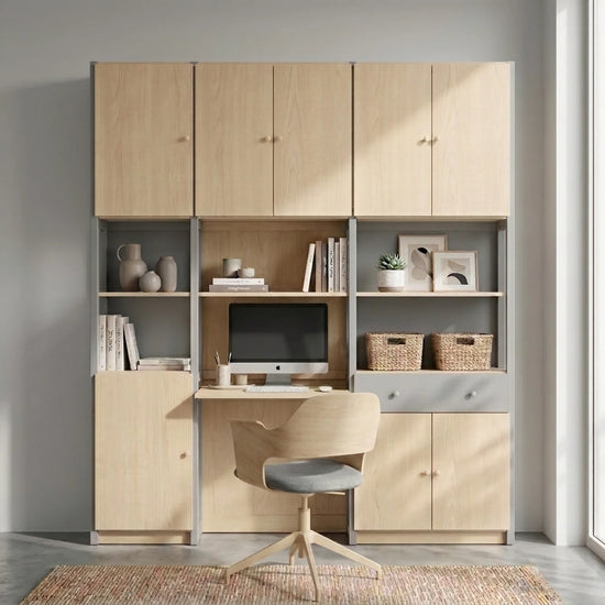 Large complete office cabinet | Lundia Original | Concrete grey & Clear lacquered wood, sfeerbeeld perspectief