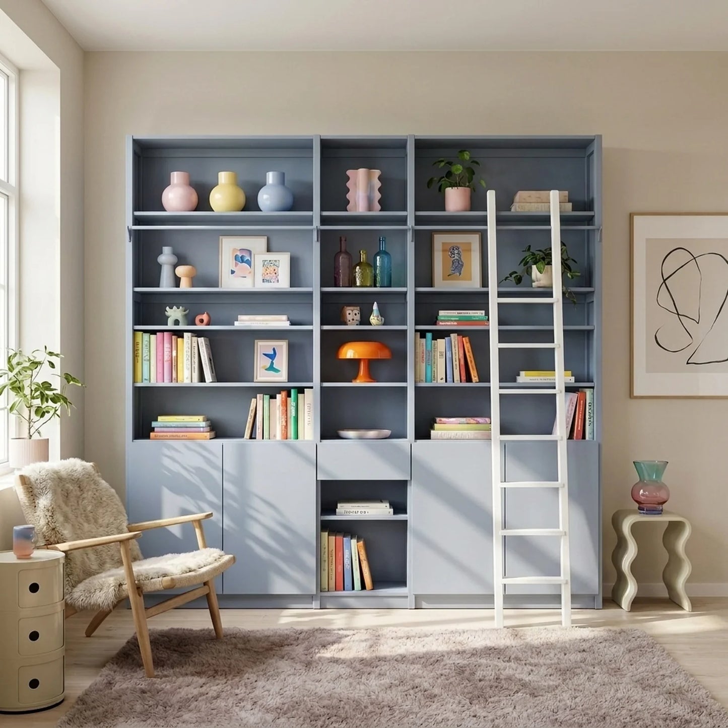 Bookcase with stairs, doors & drawers | Lundia Original | Concrete grey wood, sfeerbeeld vooraanzicht