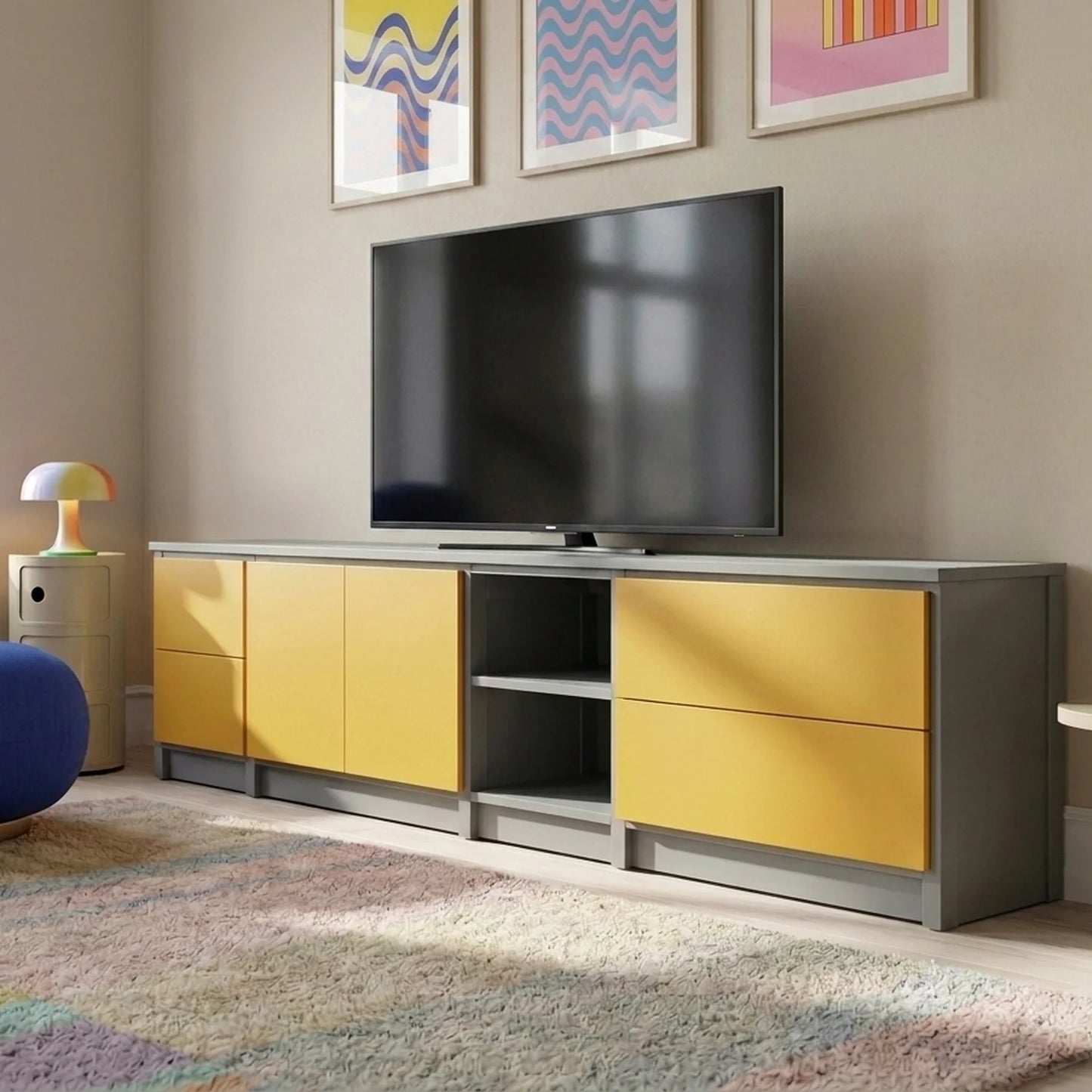 TV cabinet with drawers and doors | Lundia Original | Concrete grey & saffron yellow wood, sfeerbeeld vooraanzicht