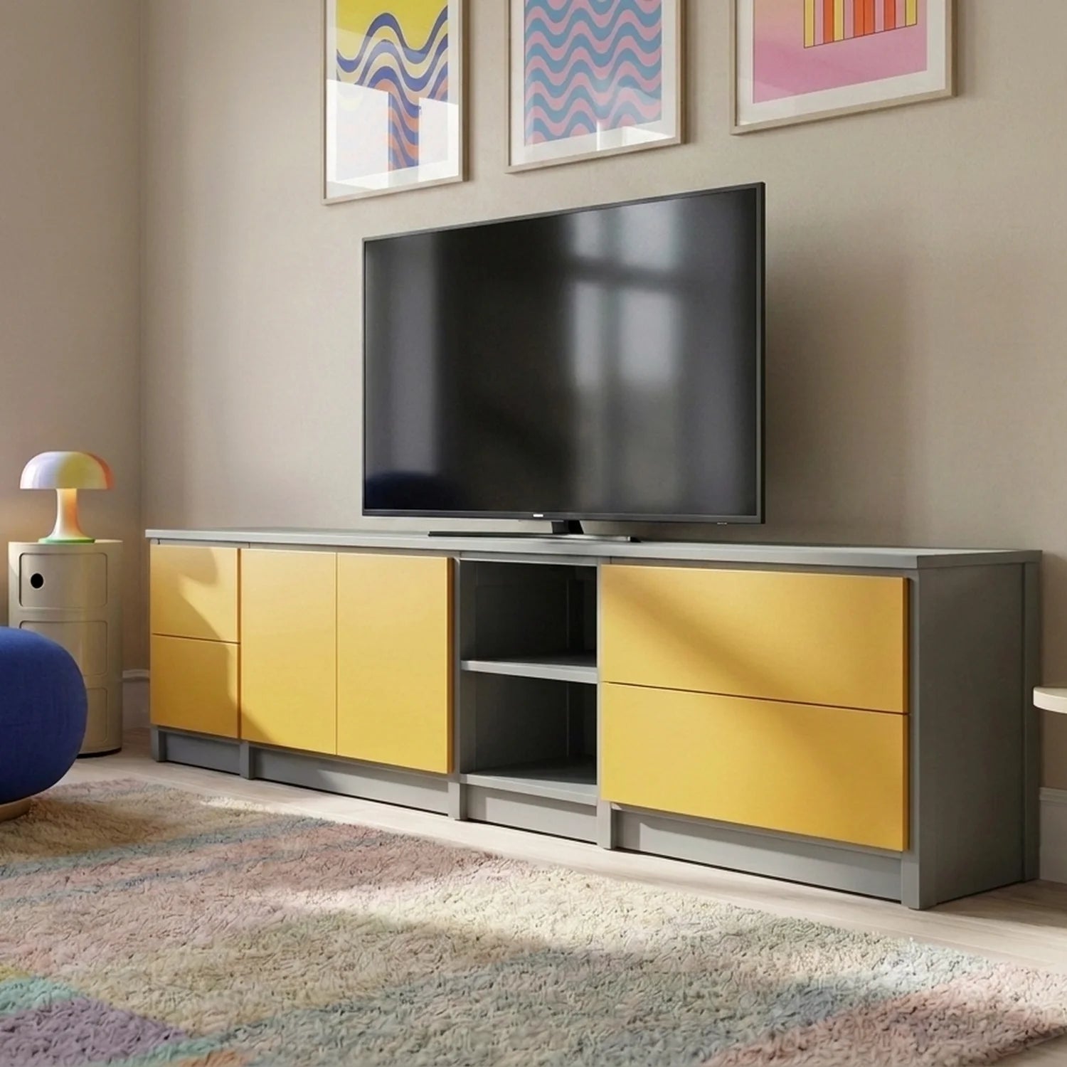 TV cabinet with drawers and doors | Lundia Original | Concrete grey & saffron yellow wood, sfeerbeeld vooraanzicht