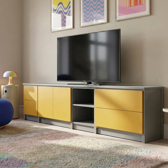 TV cabinet with drawers and doors | Lundia Original | Concrete grey & saffron yellow wood, sfeerbeeld vooraanzicht