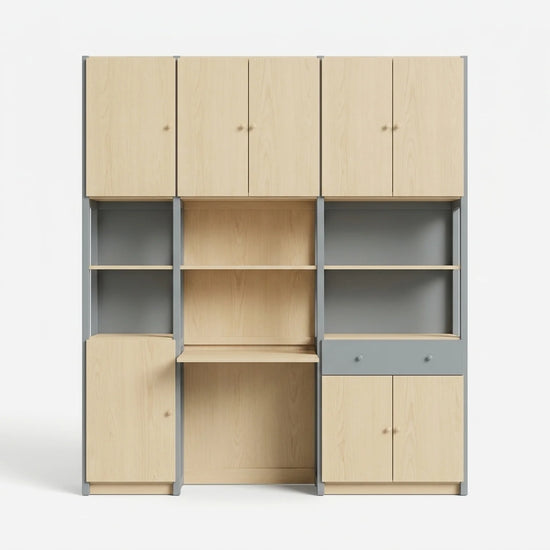 Large complete office cabinet | Lundia Original | Concrete grey & Clear lacquered wood, vooraanzicht