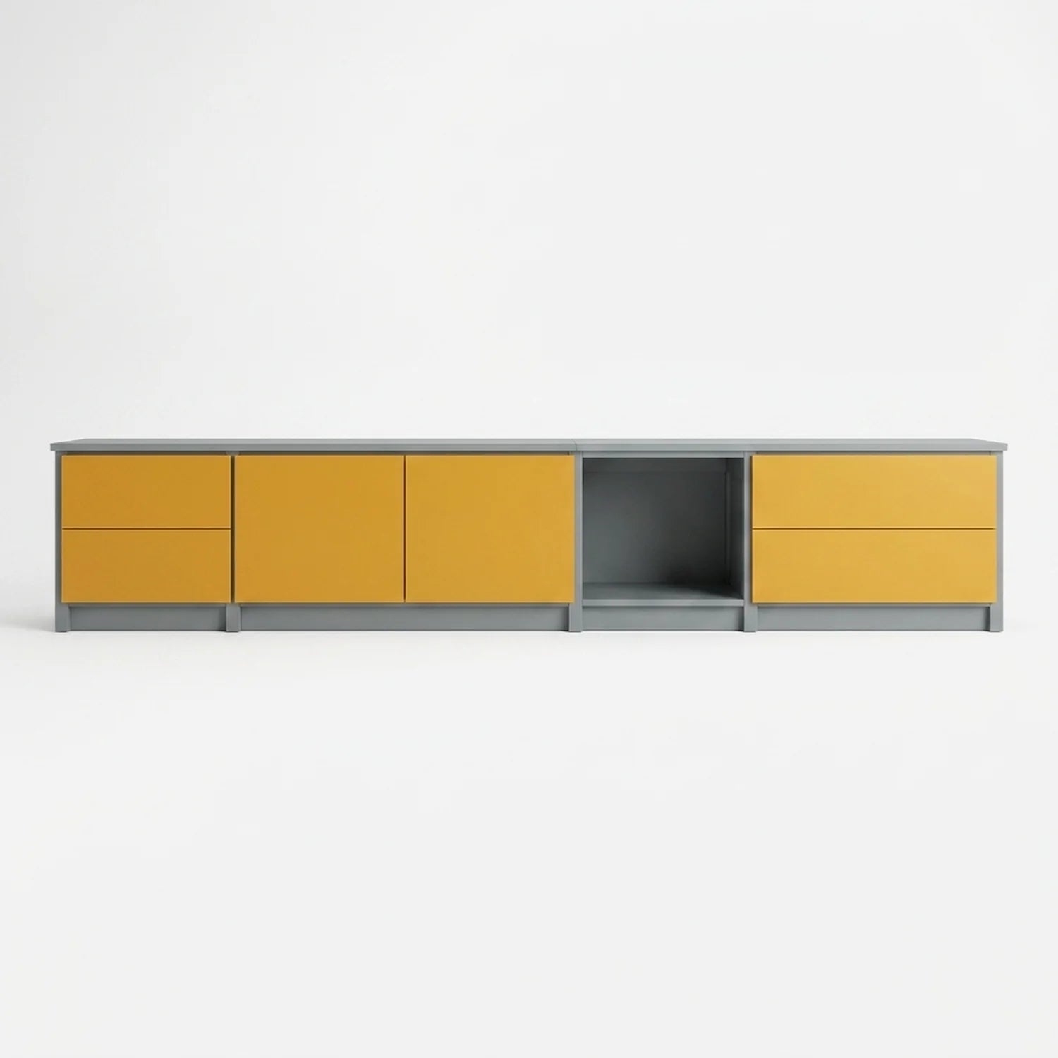 TV cabinet with drawers and doors | Lundia Original | Concrete grey & saffron yellow wood, vooraanzicht